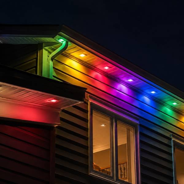 Color-changing permanent roofline lights on a home exterior